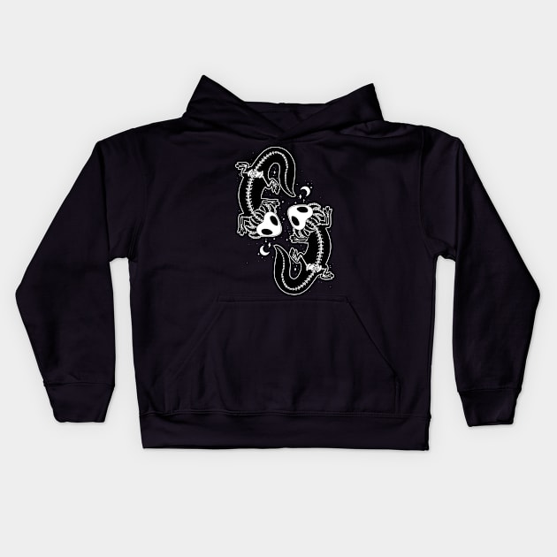 Pair of black skeleton axolotls dancing in the night Kids Hoodie by Ryuvhiel